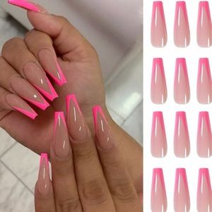 Pink Block Coffin False Nails